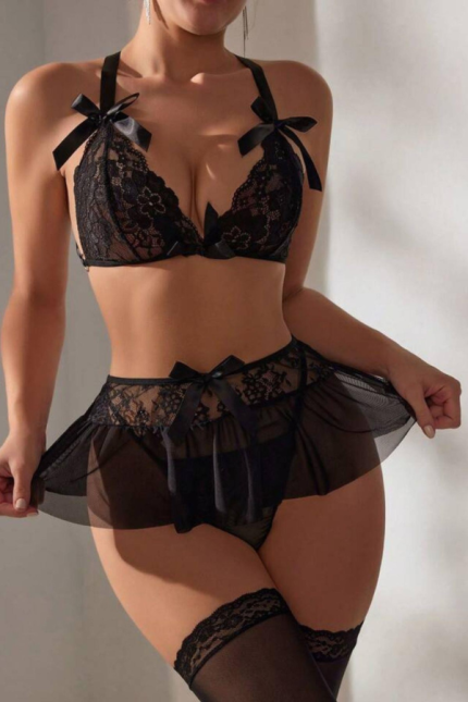 Sofya Passion Fantezi Siyah Dantelli Fiyonklu Mini Gecelik