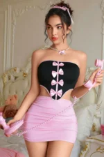 Pembe Fiyonklu Etekli Seksi Gecelik – Straplez Üst Detaylı, İki Parçalı Fantazi İç Giyim